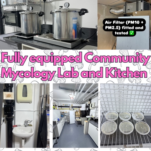 The fully equipped Community Mycology Lab and Kitchen - sterilisation, prep area and air filtration
